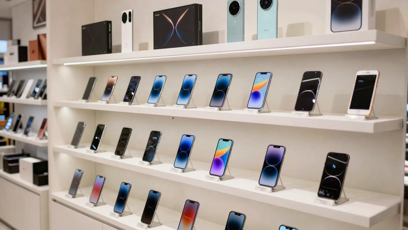Raflarda düzenli şekilde sergilenen cep telefonları ve aksesuarla